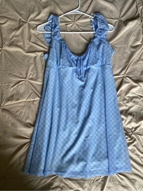 Arizona Jean Company Light Blue Gingham Dress blouse with Ruffle Details